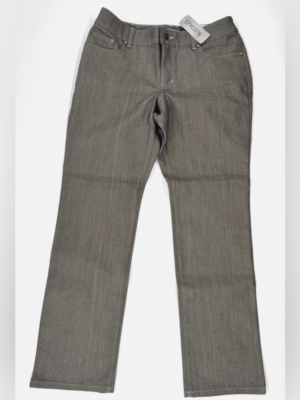 Chico's Platinum Denim Jeans Gray Shimmer Ultimate Fit Slim Leg 1.5 Short NEW